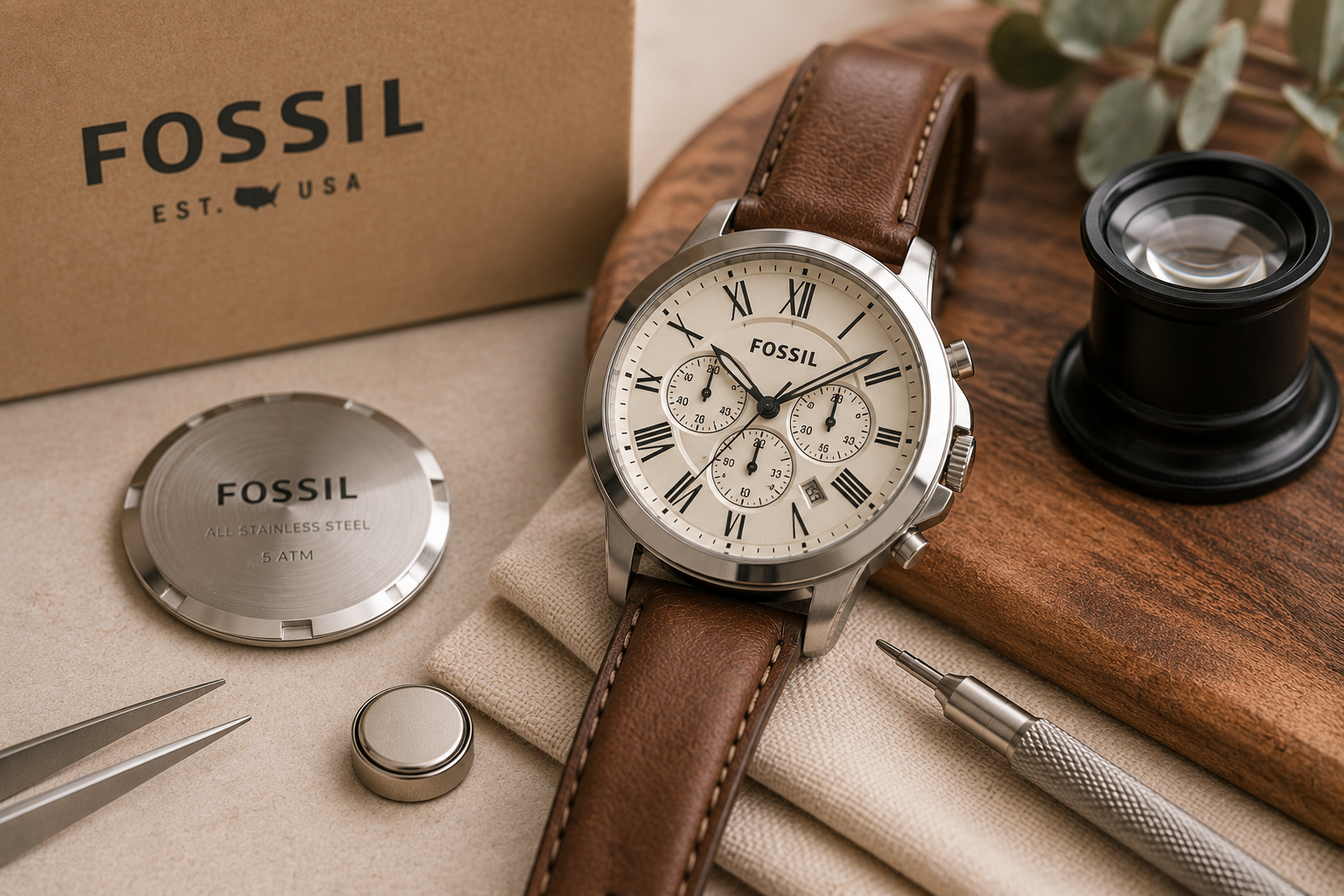 Montre Fossil ouverte lors d'un changement de pile avec des outils d'horlogerie professionnels