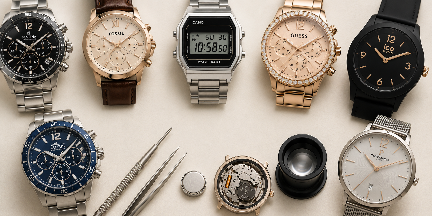 Sélection de montres de différentes marques illustrant le changement de pile d'une montre selon la marque