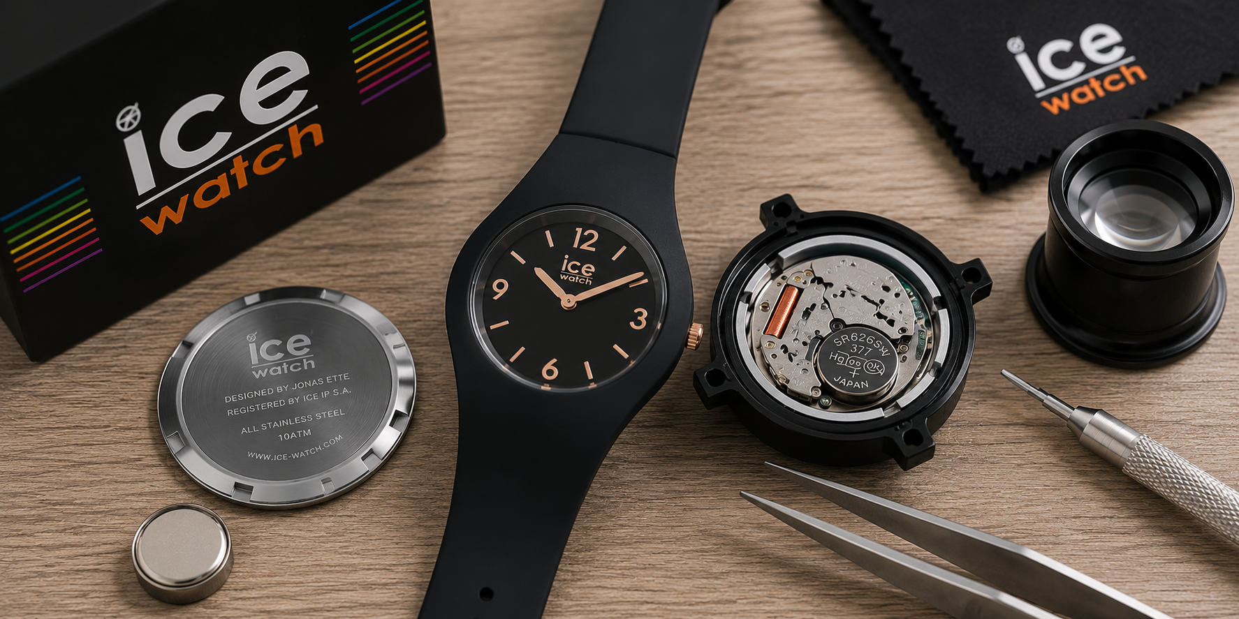 Réparation d'une montre Ice Watch avec remplacement de la pile par un horloger.
