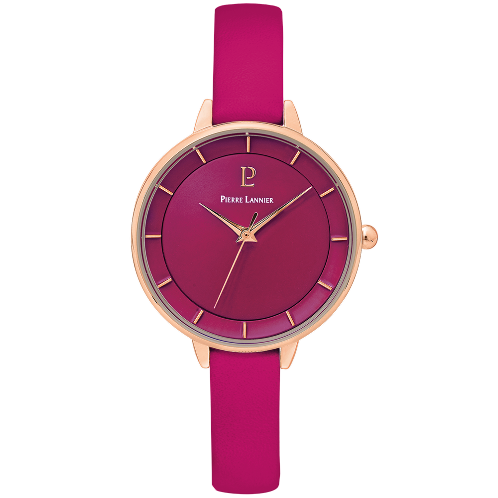 Montre femme Pierre Lannier DELICE 001H955 – cadran framboise bracelet cuir framboise – vue de face