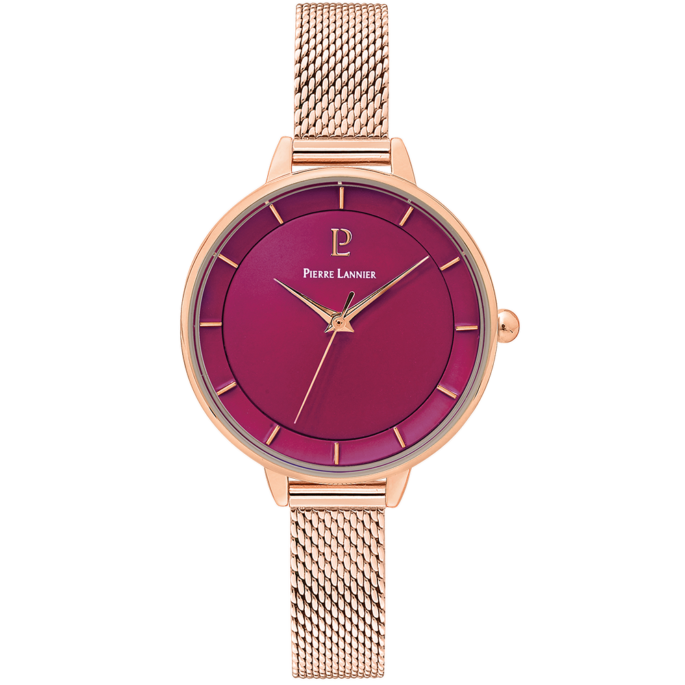 Montre femme Pierre Lannier DELICE 001H958 – cadran framboise bracelet acier milanais doré rose – vue de face