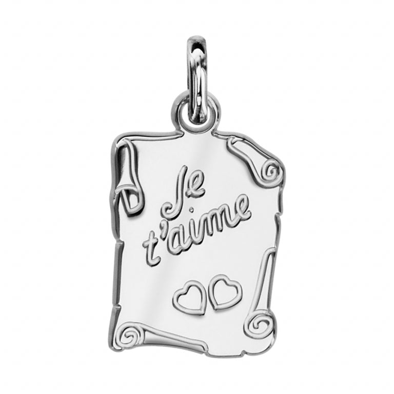 Pendentif parchemin en argent 925 rhodié Je t'aime