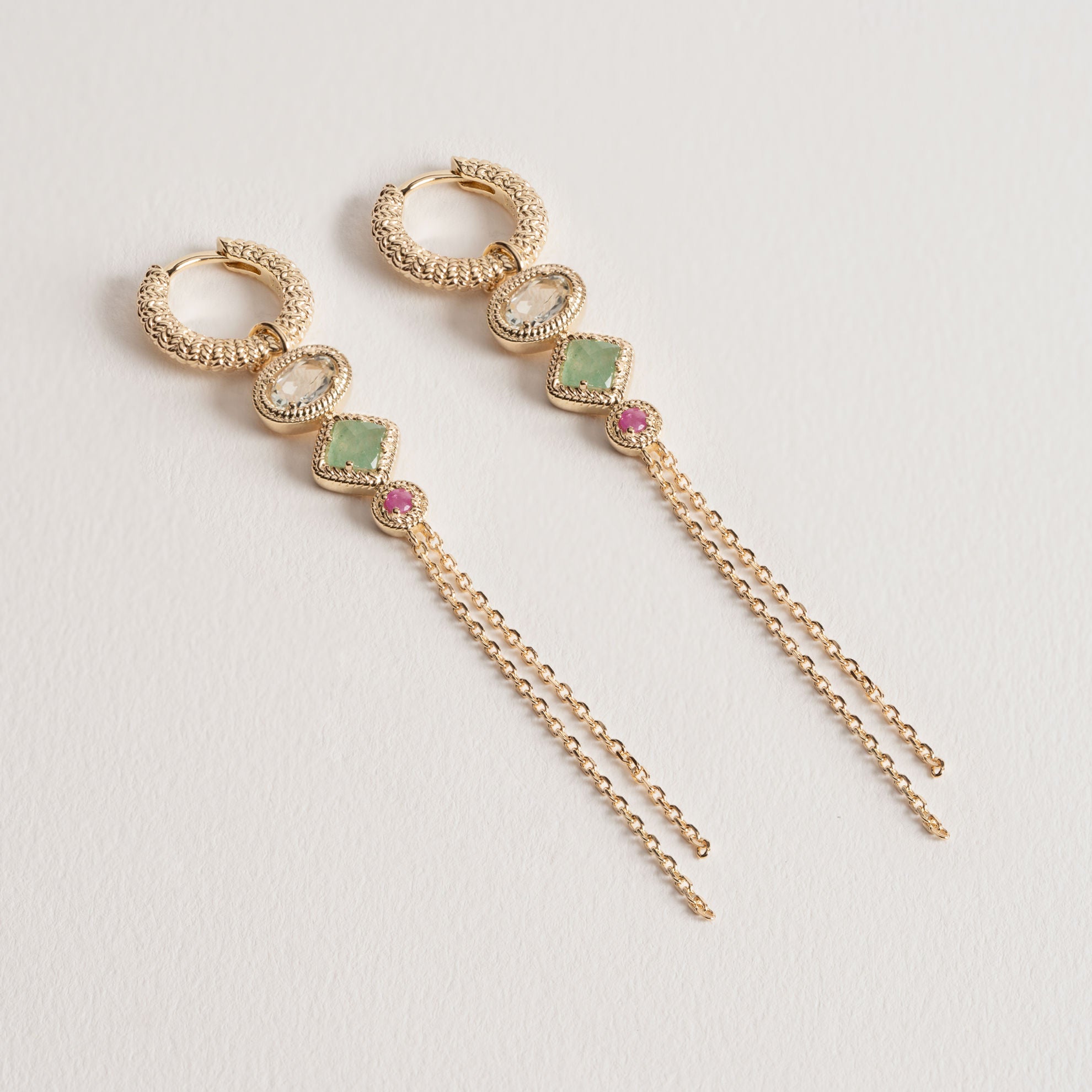 Courtney gold-plated hoop earrings with natural gemstones and dangling chains
