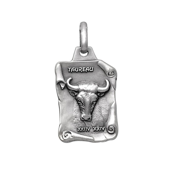 Pendentif mode taureau grand parchemin en Argent 925 vieil argent massif