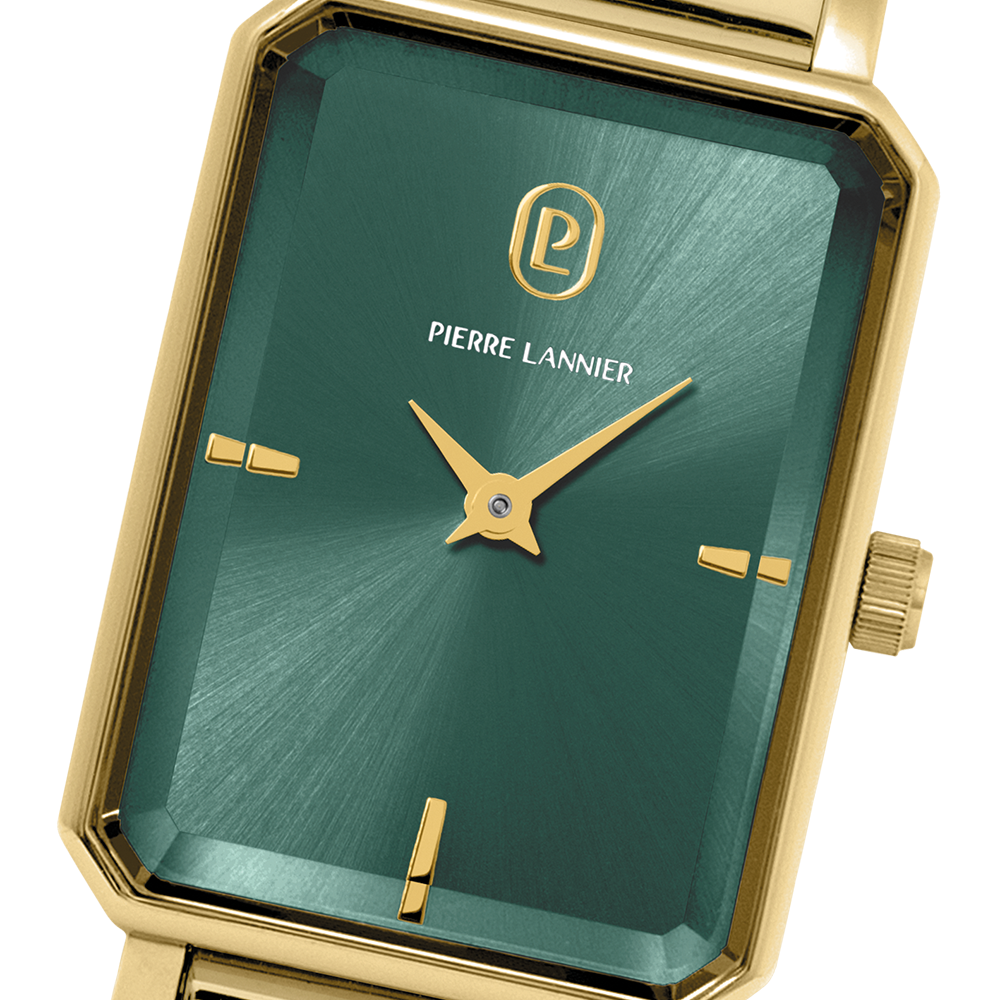 قرص أخضر لامع، عقارب ذهبية، إطار 21 Pierre Lannier 006L572