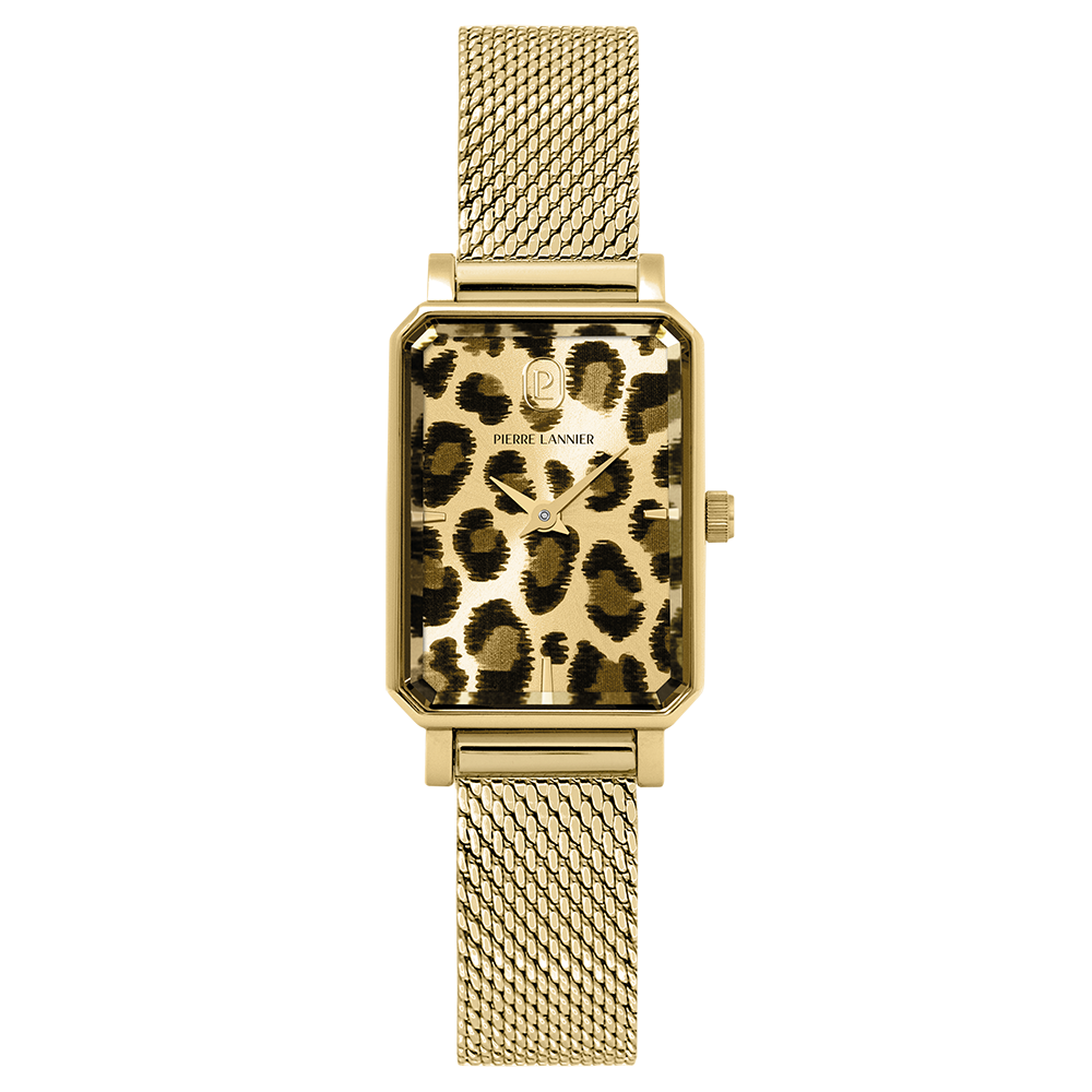 Montre femme Pierre Lannier ARIANE 006L592 – cadran léopard bracelet acier milanais doré – vue de face