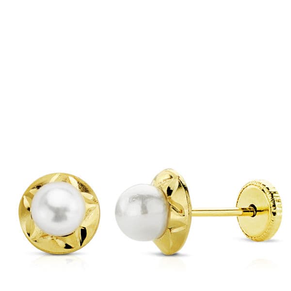 Cercei cu perle din aur galben de 18K, 6 mm. Închidere cu șurub