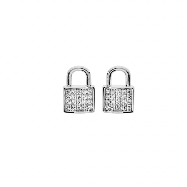 Boucles d’oreilles cadenas en argent 925 rhodié avec oxydes de zirconium blancs sertis