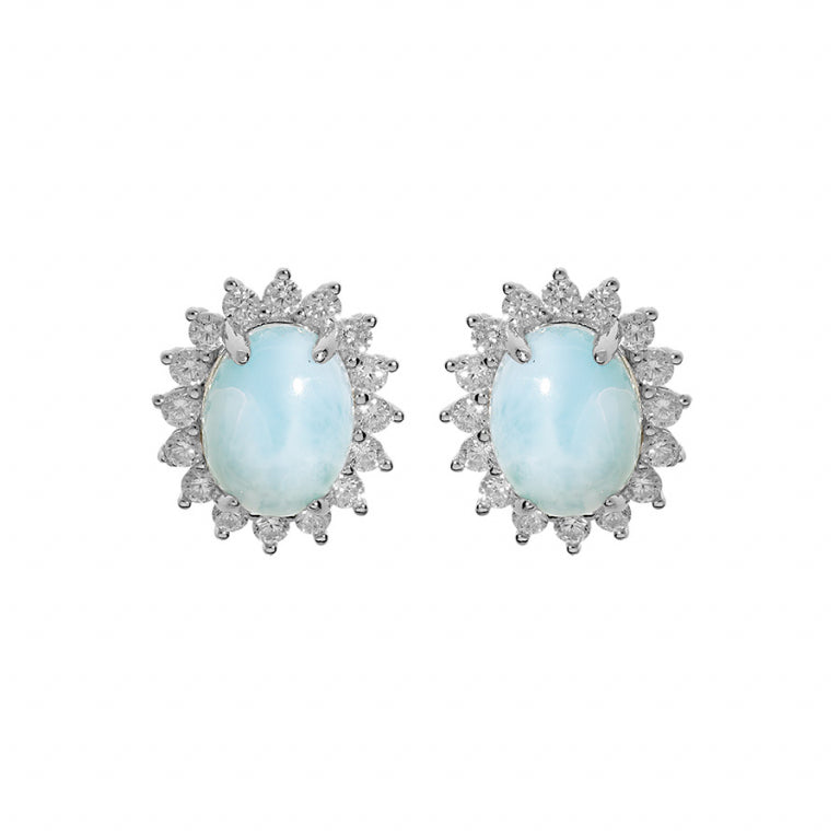 Boucles d’oreilles larimar bleu en argent 925 rhodié avec oxydes de zirconium blancs