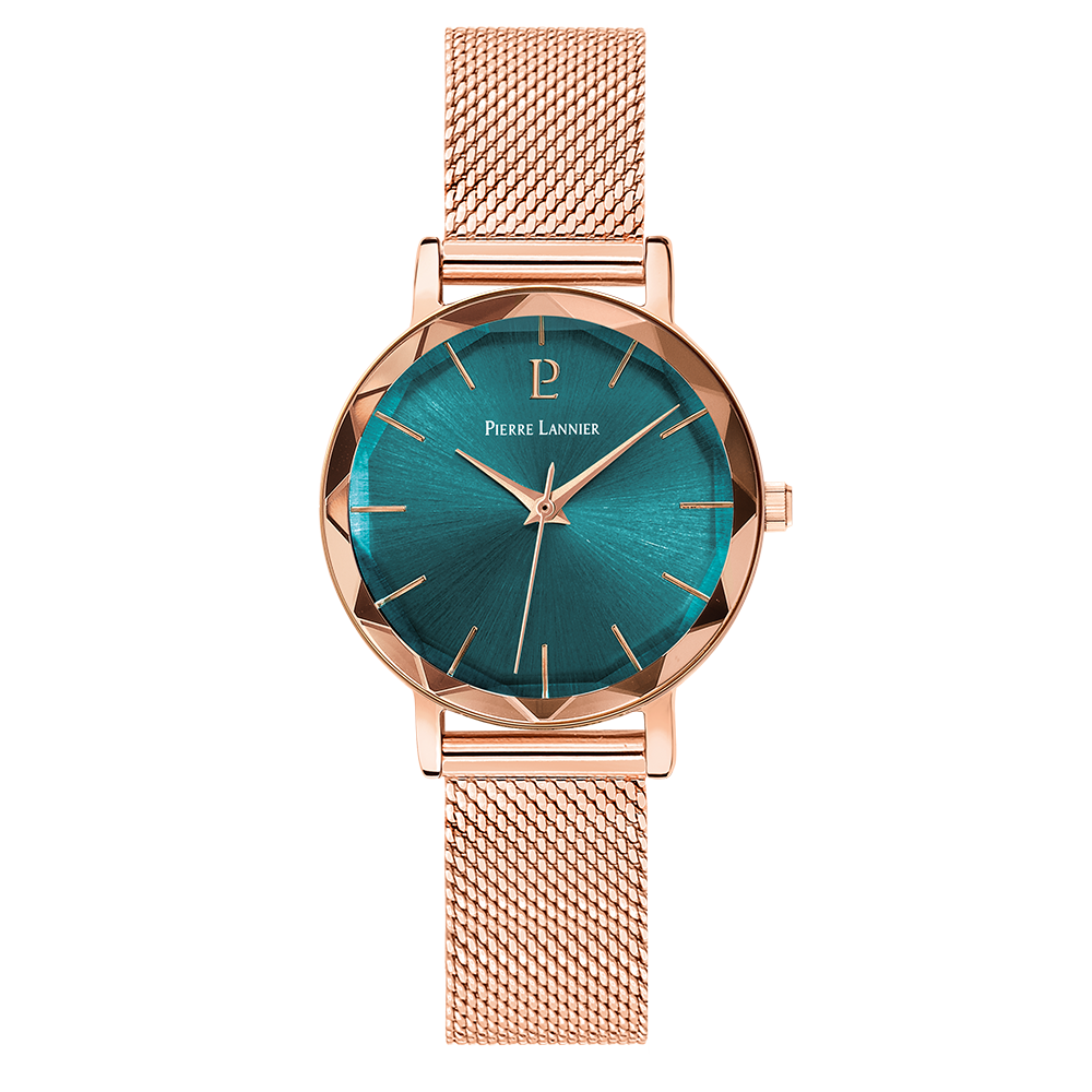 Montre femme Pierre Lannier MULTIPLES 010P978 – cadran vert bracelet acier milanais doré rose – vue de face