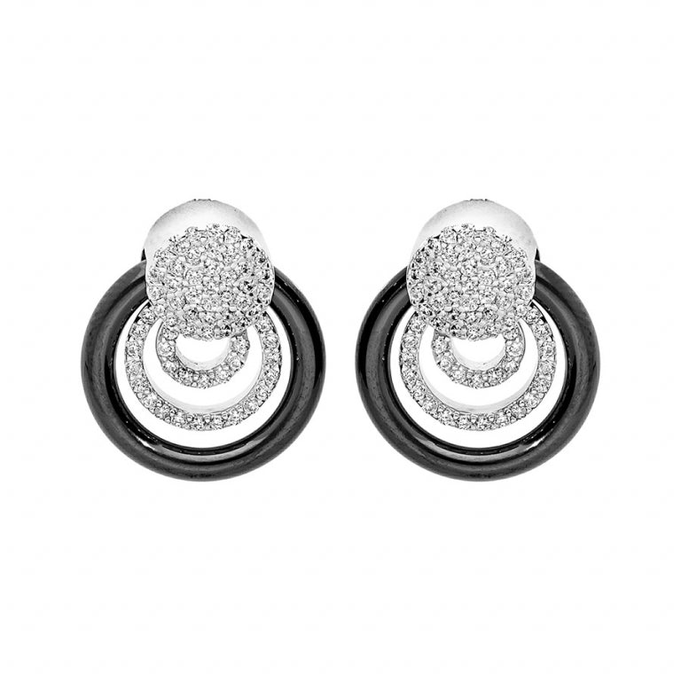 Boucles d’oreilles anneau céramique noire et pastilles oxydes blancs en argent 925 rhodié