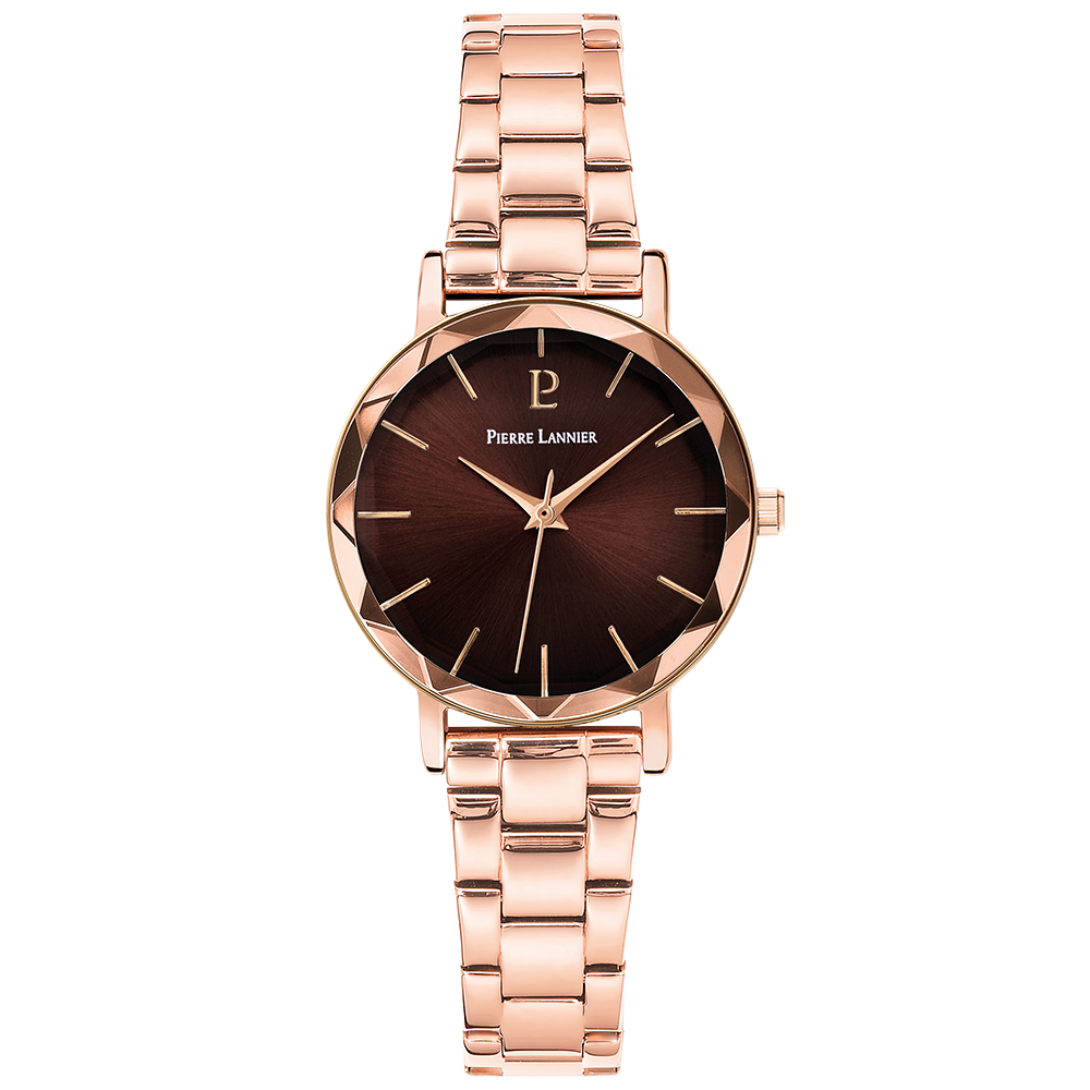 Montre femme Pierre Lannier MULTIPLES 012P988 – cadran chocolat bracelet acier doré rose – vue de face