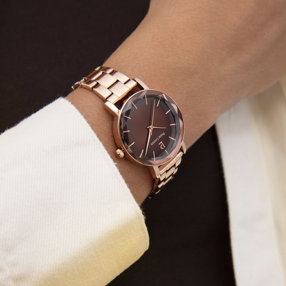 Montre femme Pierre Lannier MULTIPLES 012P988 – cadran chocolat bracelet acier doré rose – vue 2