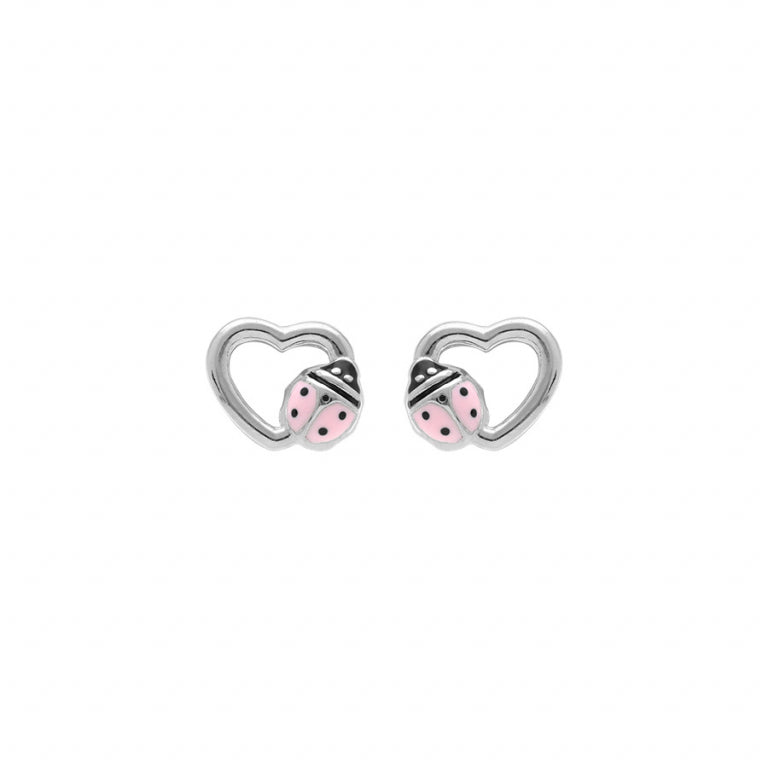 Boucles d’oreilles cœur avec coccinelle rose en Argent 925 Rhodié