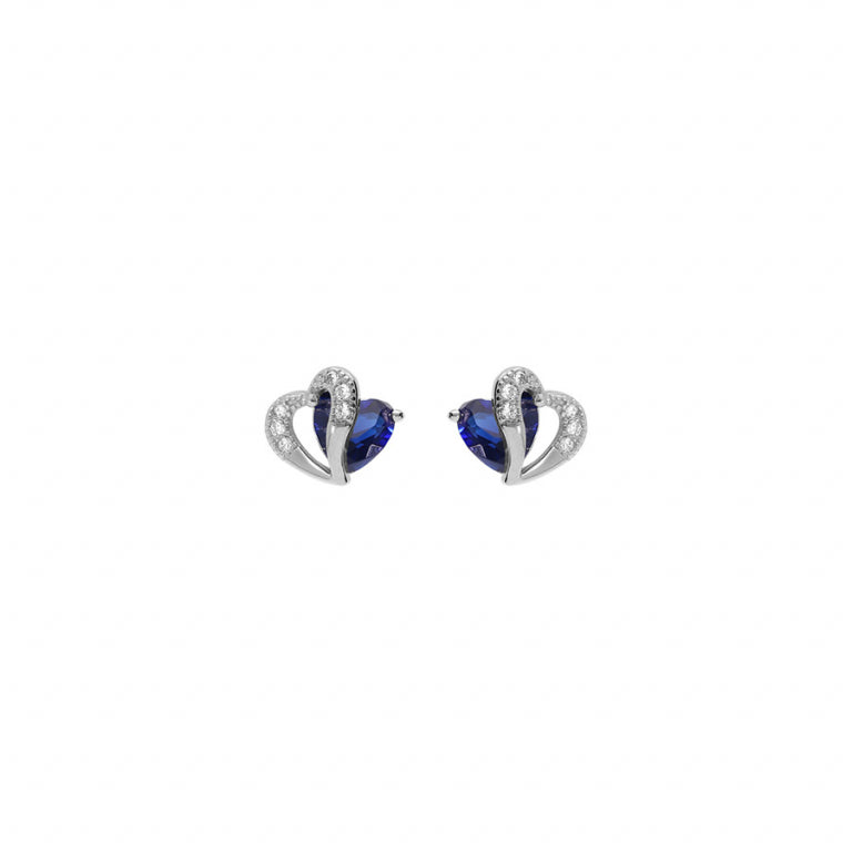 Boucles d’oreilles double cœur en argent 925 rhodié avec oxydes bleus et blancs