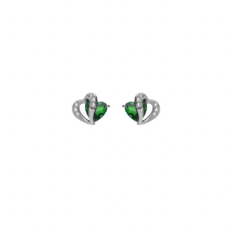 Orecchini a bottone in argento rodiato con doppio cuore in ossido verde e bianco