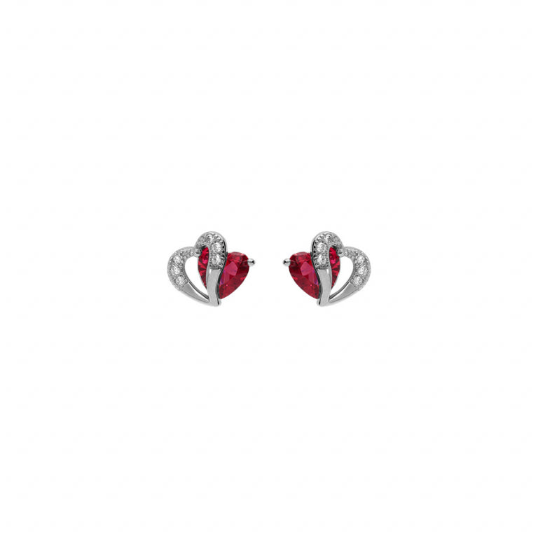 Boucles d’oreilles double cœur en argent 925 rhodié avec oxydes rouges et blancs