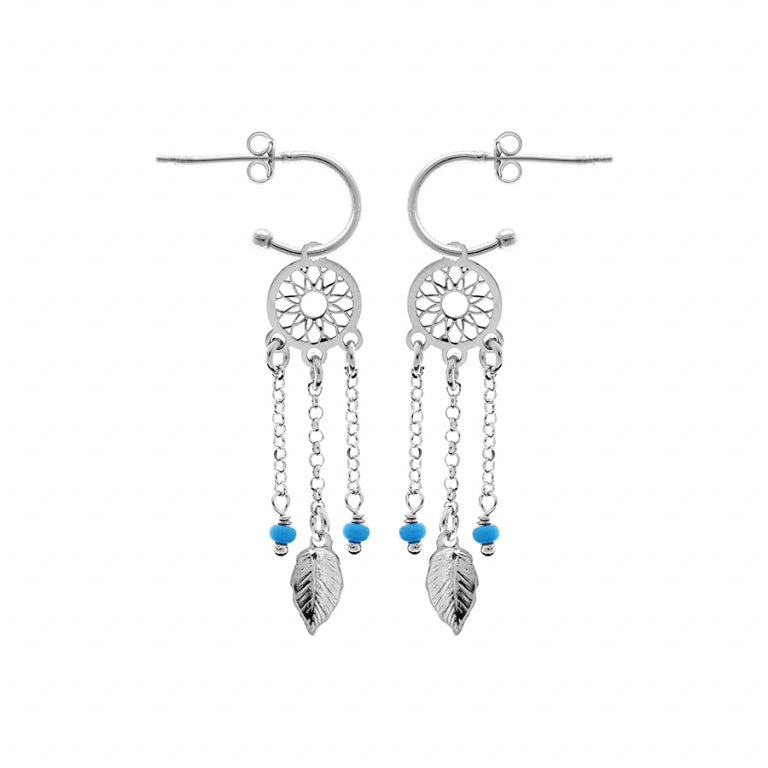 Boucles d’oreilles attrape rêve en argent 925 rhodié avec résine bleu ciel
