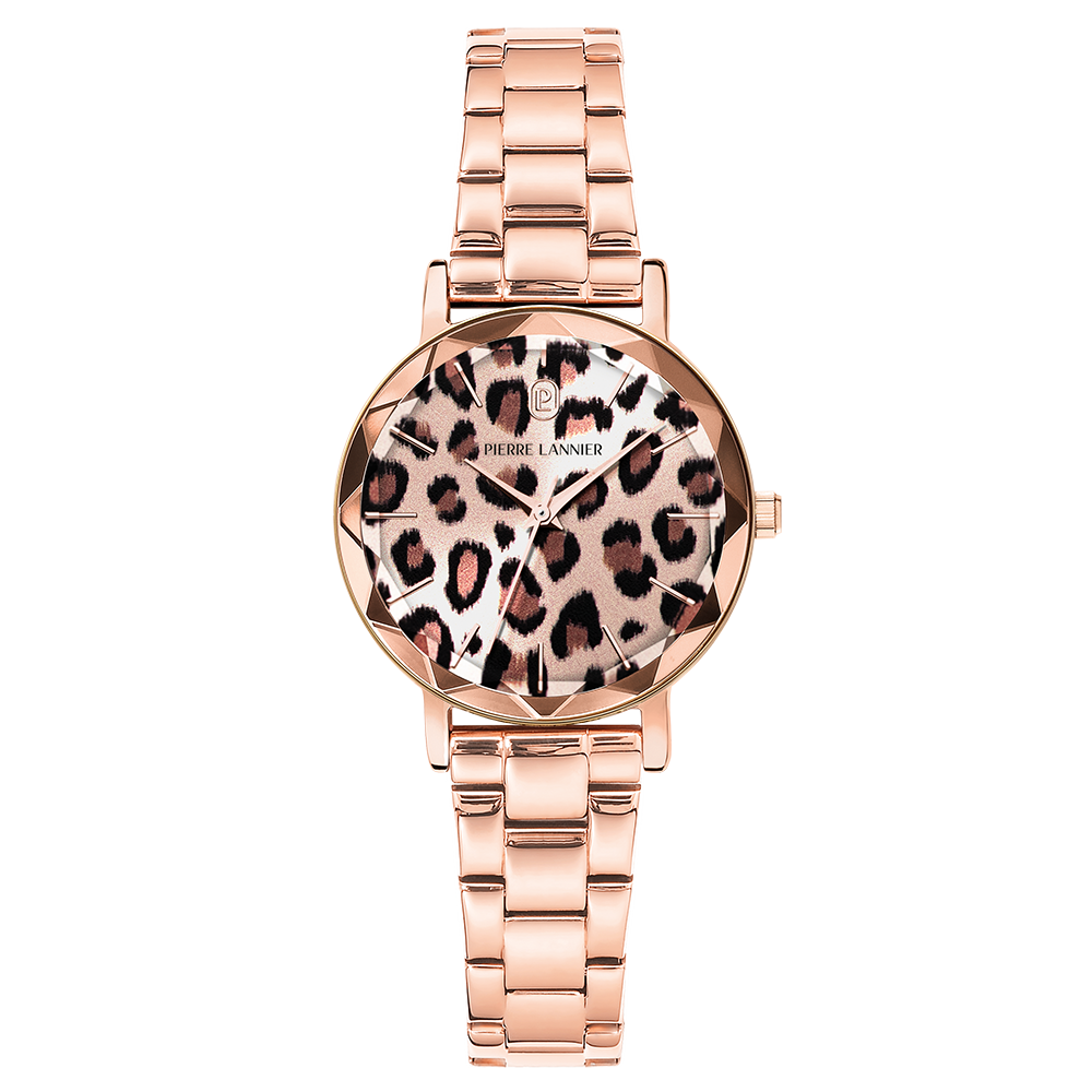 Montre femme Pierre Lannier MULTIPLES 013P998 – cadran léopard bracelet acier doré rose – vue de face