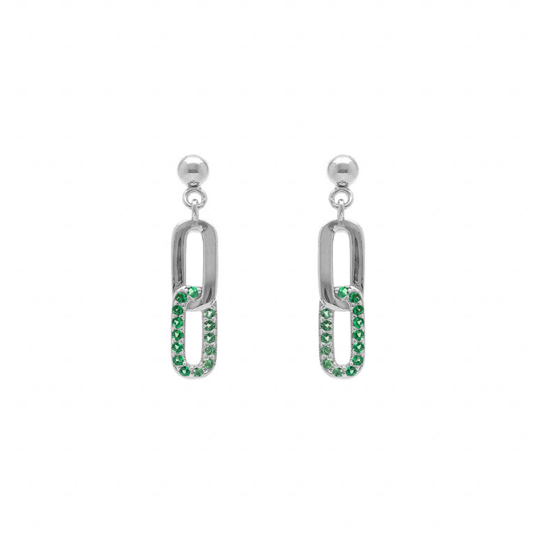Rhodium-plated Silver Stud Earrings Hanging 2 Intertwined Rectangles 1 Smooth 1 With Green Oxides Set