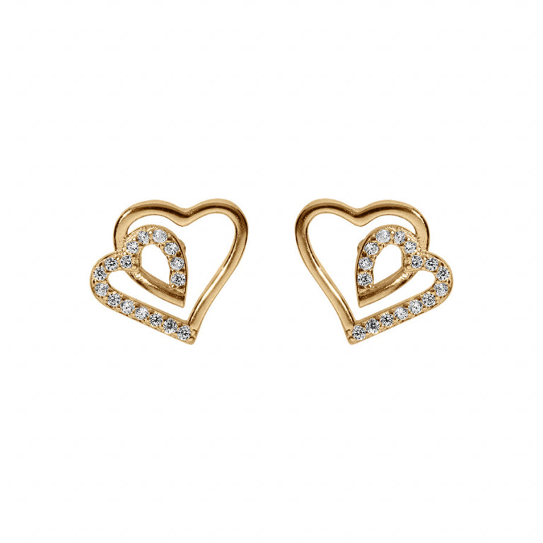 Boucles d'oreilles double cœur en argent 925 doré avec oxydes blancs
