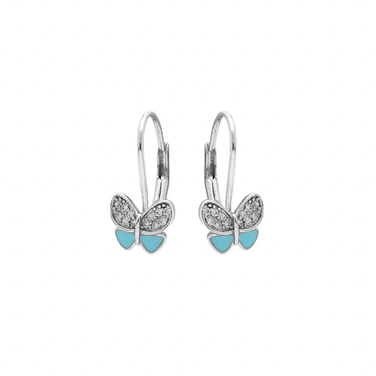 Dormeuses enfant papillon résine bleu ciel et oxydes blancs en argent 925 rhodié – Azuline – vue 3