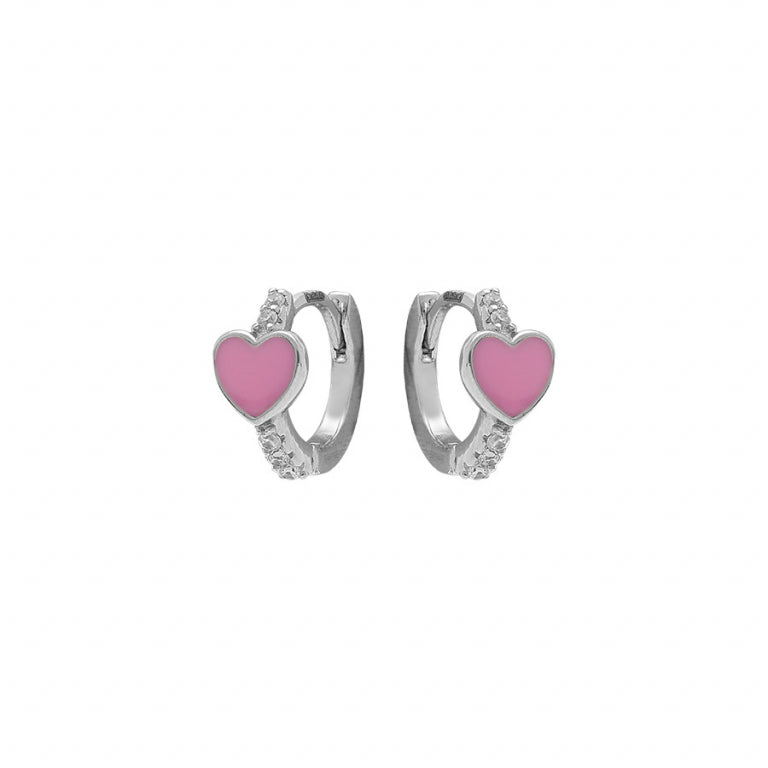 Boucles d’oreilles créoles cœur résine rose et oxydes blancs – Argent 925 Rhodié | Azuline