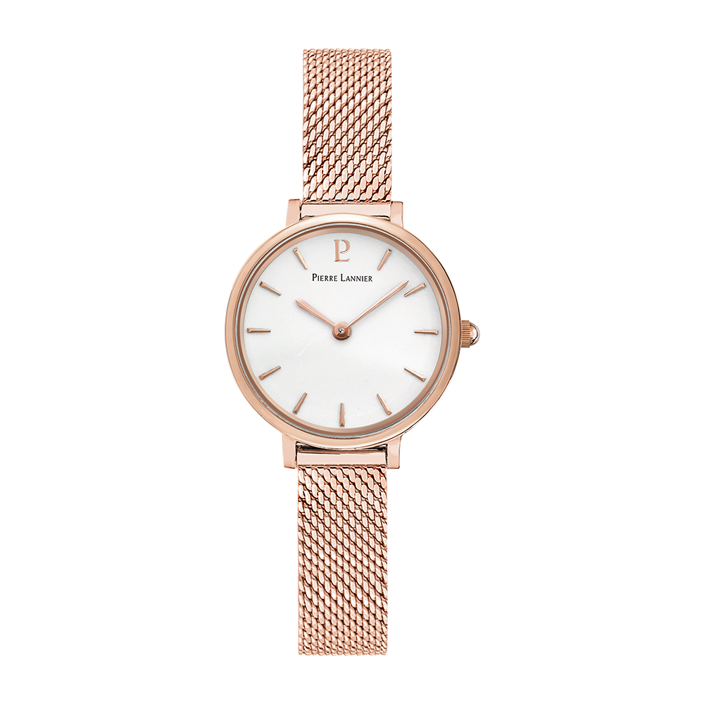 Montre femme Pierre Lannier NOVA 014J928 – cadran blanc bracelet acier milanais doré rose – vue de face