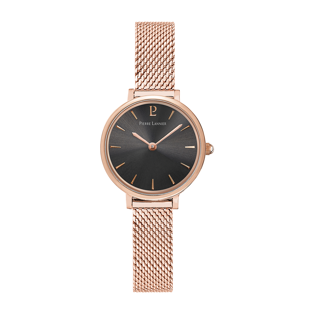 Montre femme Pierre Lannier NOVA 014J938 – cadran gris bracelet acier milanais doré rose – vue de face