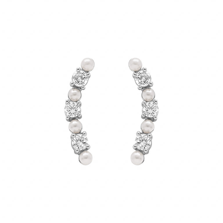 Boucles d’oreilles tige oxydes blancs et perles blanches – Argent 925 Rhodié | Azuline