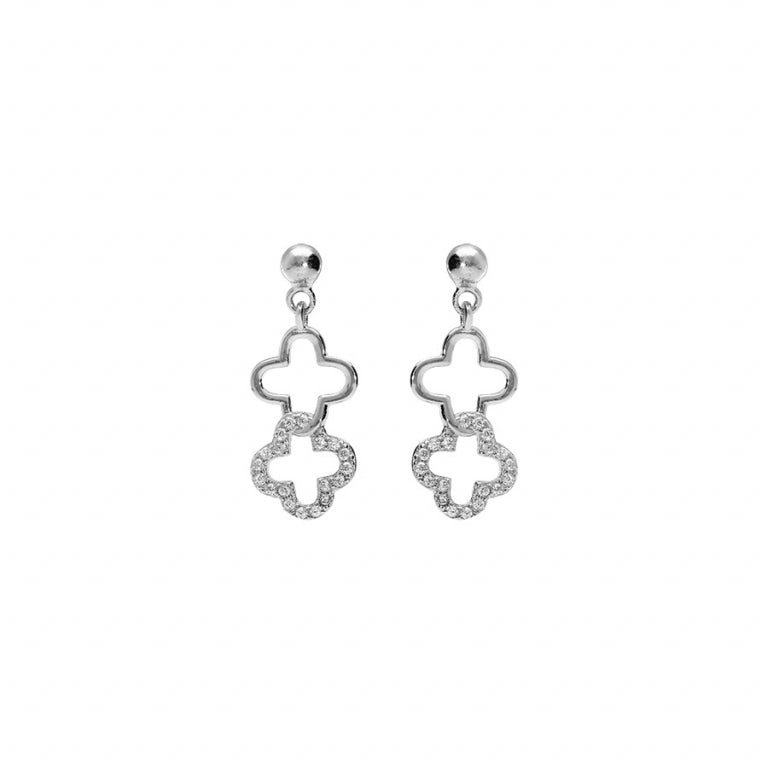 Rhodium-plated Silver Stud Earrings Dangling Double Flower With Set White Coyydes