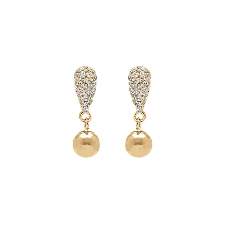 Orecchini Oro Argento Goccia Pavé di Ossidi Bianchi e Pallina Liscia