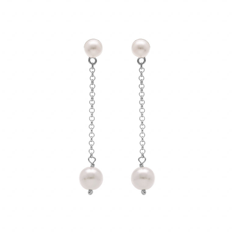 Boucles d’oreilles tige pendantes 2 perles blanches en argent 925 rhodié