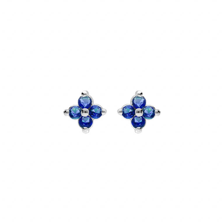 Boucles d’oreilles fleur en argent 925 rhodié avec oxydes bleus