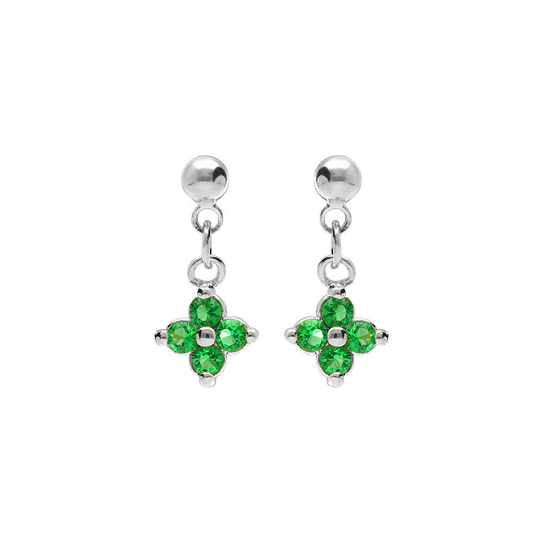 Boucles d’oreilles fleur en argent 925 rhodié avec oxydes verts