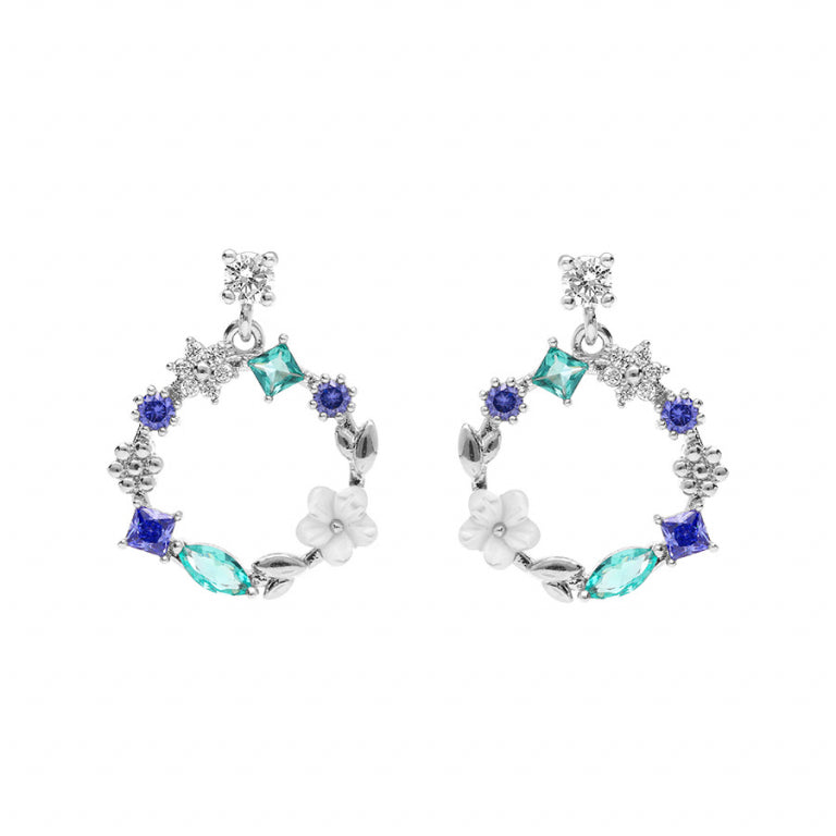 Boucles d’oreilles rond jardin fleuri oxydes bleus – Argent 925 Rhodié | Azuline