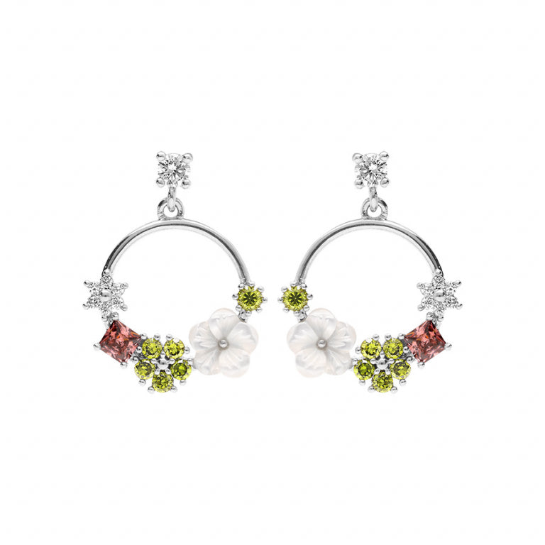 Boucles d’oreilles jardin fleuri en argent 925 rhodié avec oxydes verts