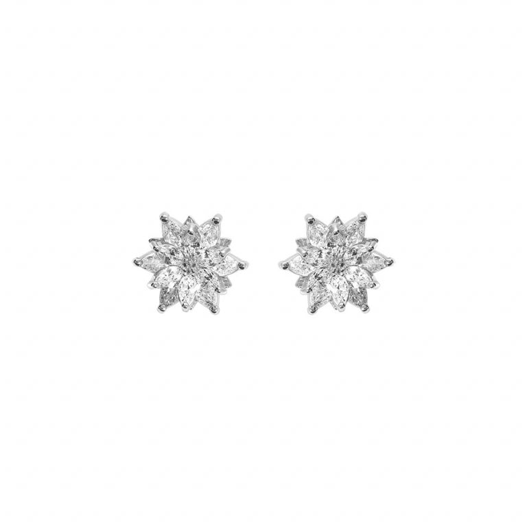 Boucles d’oreilles fleur en argent 925 rhodié avec oxydes blancs