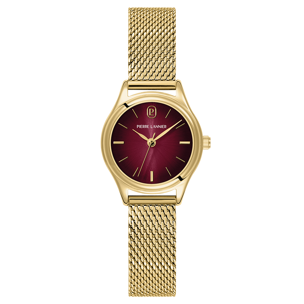 Montre femme Pierre Lannier PYA 021K552 – cadran bordeaux bracelet acier milanais doré – vue de face