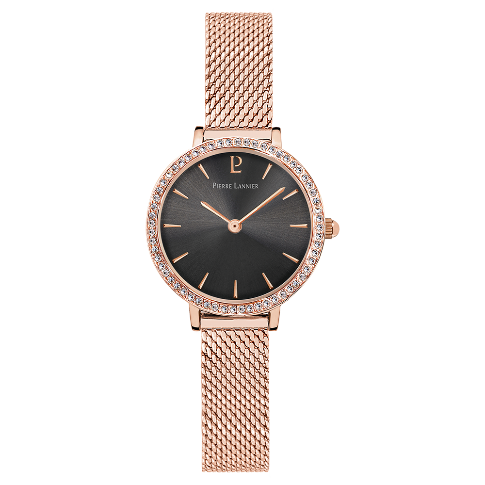Montre femme Pierre Lannier NOVA 023L938 – cadran gris bracelet acier milanais doré rose – vue de face