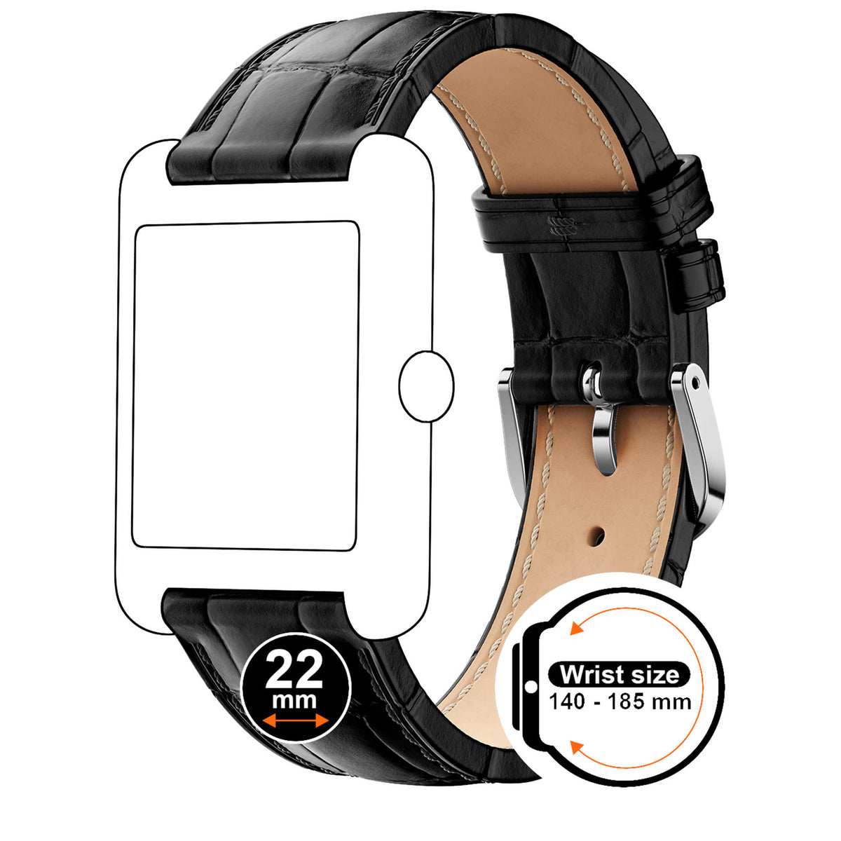 Bracelet de montre Ice-Watch cuir noir Black Croco 22 mm boucle argentée