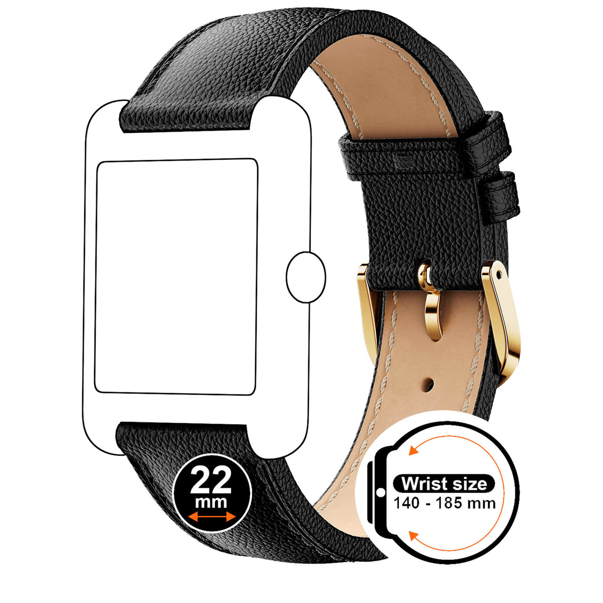 Bracelet de montre Ice-Watch cuir noir Black Grain 22 mm boucle dorée