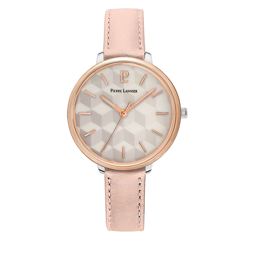 Montre femme Pierre Lannier MIRAGE 027L795 – cadran blanc bracelet cuir rose – vue de face