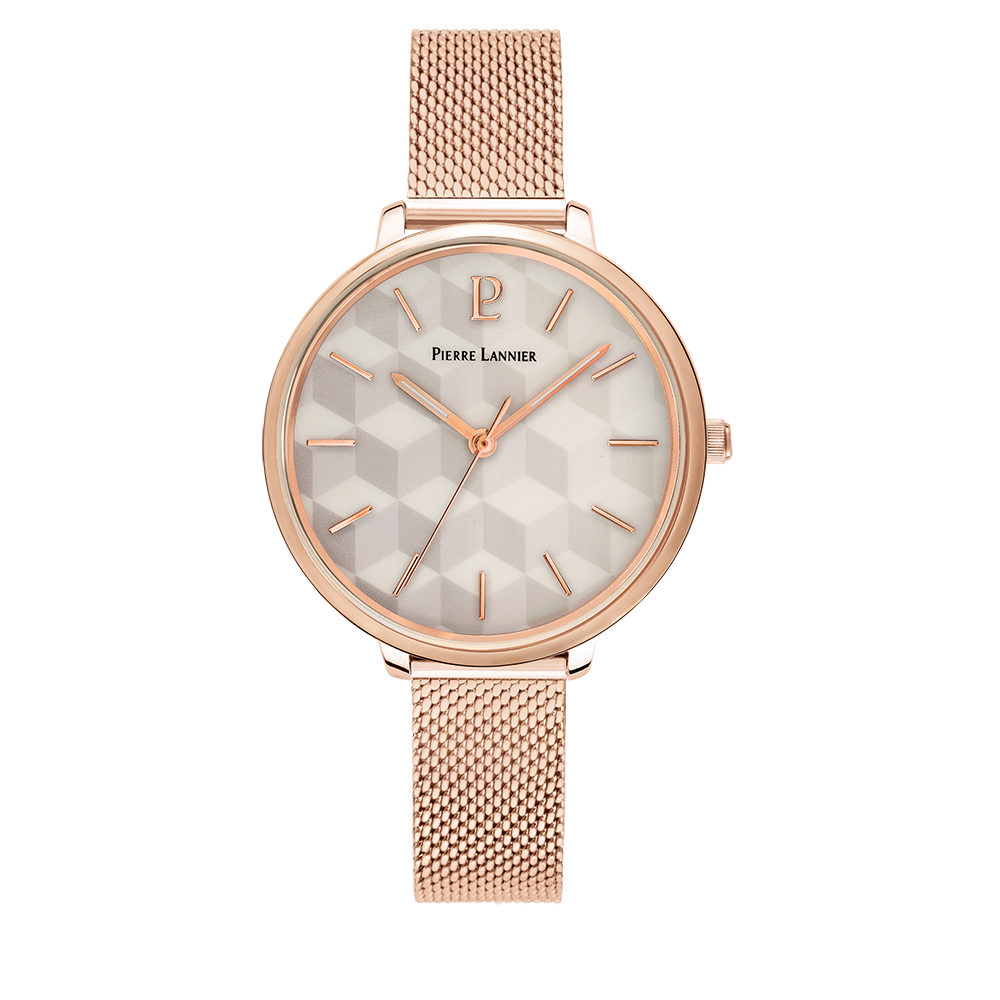Montre femme Pierre Lannier MIRAGE 027L998 – cadran blanc bracelet acier milanais doré rose – vue de face