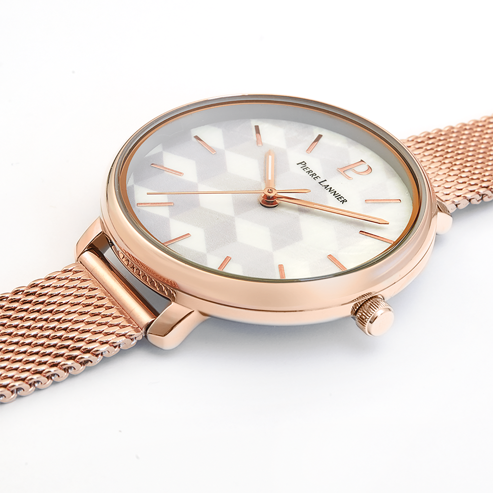 Montre femme Pierre Lannier MIRAGE 027L998 – cadran blanc bracelet acier milanais doré rose – vue 2