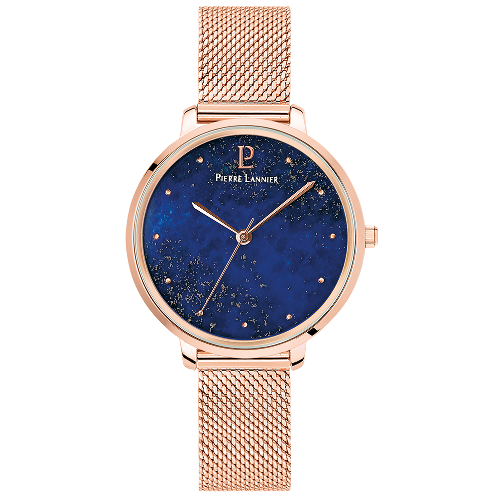 Montre femme Pierre Lannier ELARA 028K968 – cadran bleu bracelet acier milanais doré rose – vue de face