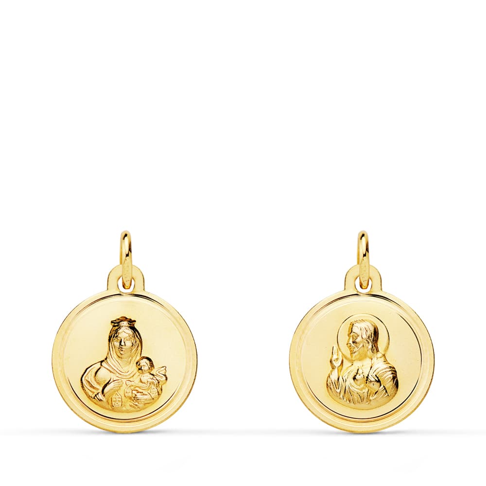 Escapulario Oro Amarillo 18K Bisel Virgen Del Carmen Corazón de Jesús 12 mm