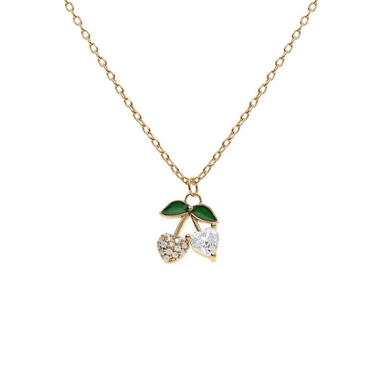 Collier mode cerise en argent 925 avec oxydes blancs et verts