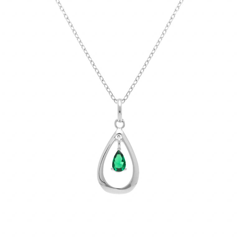 Collier mode goutte ovale en argent 925 rhodié avec oxydes verts
