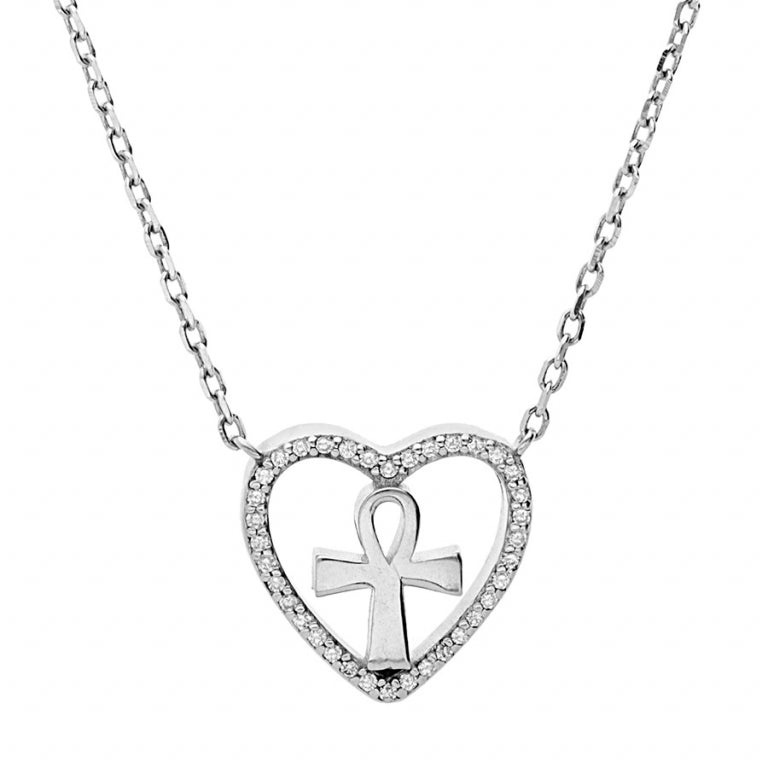 Collier cœur évidé croix oxydes blancs en argent 925 rhodié – Azuline